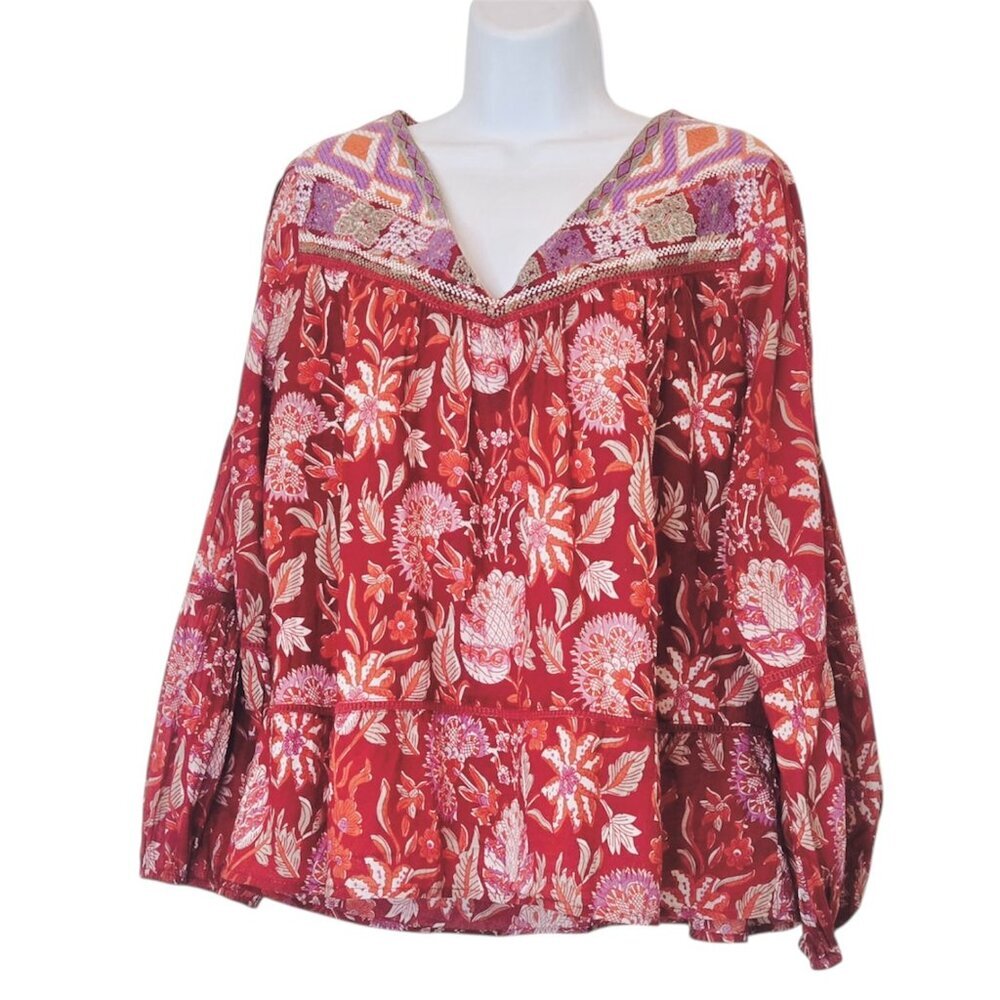 Rachel Zoe Red Boho Embroidered Peasant Top V Neck Cotton Size Small